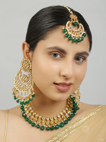 Kundan inspired emerald beaded necklace with earrings & Maang Tikka Set